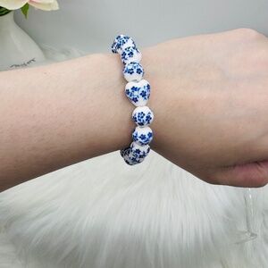 One heart Chinese-Style Ceramic Floral Beaded Stretch Bracelet blue floral